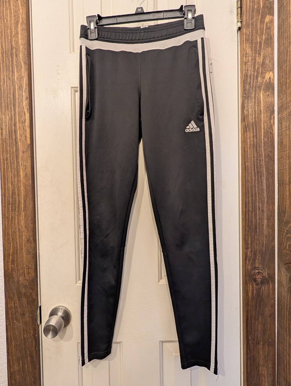 Women's Size XS Black & White 3 Stripe Adidas Track Pants Ankle Zip Pockets